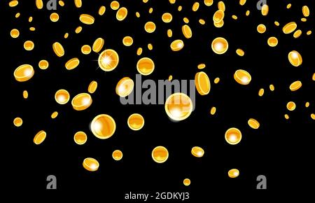 Fallende fliegende Goldmünzen Geld aus dem oberen goldenen Regen. Auf schwarzem Hintergrund. Jackpot oder Erfolgskonzept. Vektordarstellung isoliert Stock Vektor