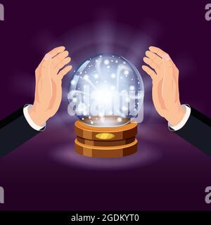 Magische Kristallkugel Glück, offene Hände, Mystery, Shining, Magie, Vorhersagen, Kugel, Lichteffekte, Glühen, Vektor, Illustration, isoliert, Karikatur Stock Vektor