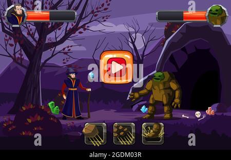 Nacht Fantasy Landschaft, Berg, Höhle. Bäume, Herbst. Feenmagier in einem Hut mit einem Stab und einem Golem im Kampf, Geschicklichkeitstasten und Bars des Lebens Stock Vektor