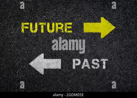 „Future“- und „Past“-Schilder/Wörter mit Pfeilen, die auf dunkle, nasse, schwarze Asphaltstraße in entgegengesetzte Richtungen zeigen, Draufsicht. Strukturierter Hintergrund. Stockfoto