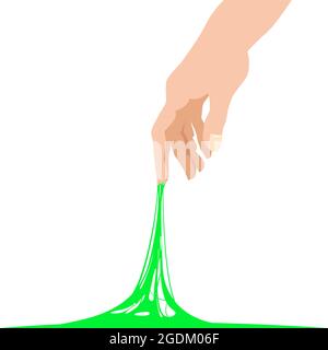 Klebrige Schleim, der nach der Hand greift, grüne Bannervorlage. Beliebte Kinder sensorische Spielzeug Vektor Illustration. Cartoon Flüssigkeit Schleim isoliert Stock Vektor