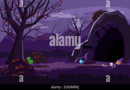 Nächtliche Fantasielandschaft, Berge, Höhle, Bäume, Herbst. Für Spiele und Anwendungen. Vektor, Illustration, isoliert. Cartoon-Stil Stock Vektor