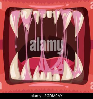Räuberische Kiefer eines fantastischen schrecklichen Gruselmonsters mit Schleim, sabberndem, grünem Schleim. Klebergelee die Substanz ist klebrig, Spannung, Elastizität Stock Vektor