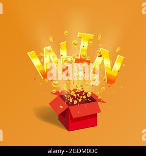 Öffnen Sie rote Geschenkbox GEWINNEN Goldtext mit Münzen und Konfetti Explosion im Inneren. Fliegende Partikel, Folie platzt. Lotterie Zeichnung Werbebanner Poster Stock Vektor