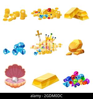 Set Schatz, Gold, Münzen, Stein Gold Nugget, Bars, Juwelen, Krone, Muschelperle. Vektor, isoliert, Cartoon-Stil, für Spiele, Apps, Weißer Hintergrund Stock Vektor