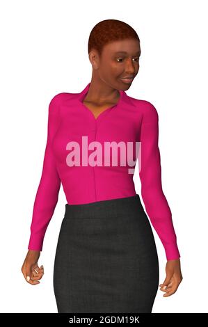 Digitale gerenderte schwarze Frau trägt rosa Bluse und dunklen Rock, 3d-Illustration. Stockfoto