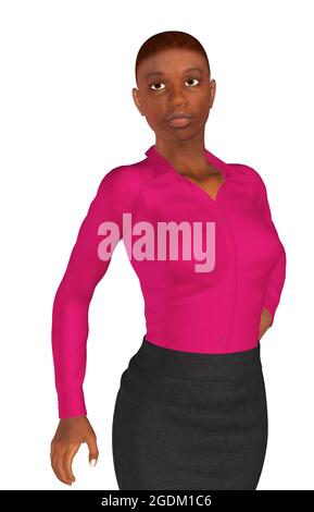 Digitale gerenderte schwarze Frau trägt rosa Bluse und dunklen Rock, 3d-Illustration. Stockfoto