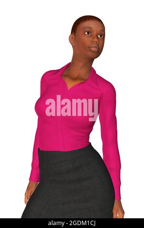 Digitale gerenderte schwarze Frau trägt rosa Bluse und dunklen Rock, 3d-Illustration. Stockfoto