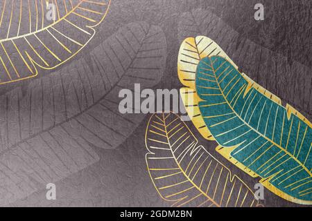 Abstraktes Design mit goldener, tropischer Laub-Grunge-Illustration. Stockfoto