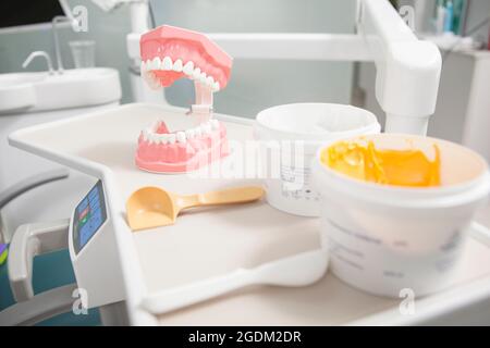 Nahaufnahme von Kitty Eimern in der Zahnklinik Stockfoto