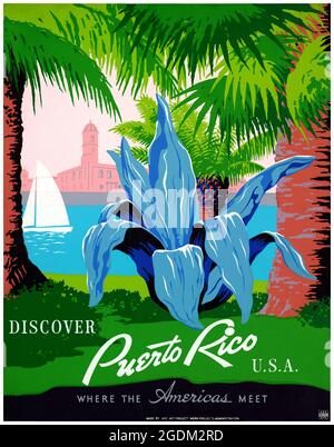 Entdecken Sie Puerto Rico, USA, wo Amerika zusammenkommt von Frank S. Nicholson (Daten unbekannt). Restauriertes Vintage-WPA-Poster, das in den 1940er Jahren in den USA veröffentlicht wurde. Stockfoto