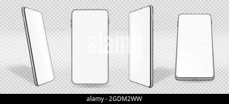 Handymockup, Smartphone mit weißem Display. Realistische Smartphones in perspektivischen Mockups auf transparentem Hintergrund Vektor gesetzt. Intelligentes Gerät oder Gadget für die Kommunikation Stock Vektor