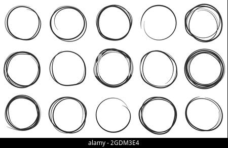 Handgezeichnete Kreise, kreisförmige Pinselstreicheln. Scribble Kreis, runden Bleistiftrahmen, Skizze Blase Doodle Zeichnung Vektor-Set. Schwarze Lacklinie umrandt, Ringe isoliert auf weiß Stock Vektor