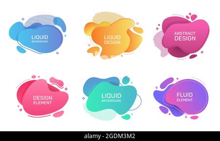Abstrakte flüssige Form, organisch Flüssigkeit Blobs Banner. Moderne Gradientengrafikelemente mit geometrischen Formen. Bunte Blasen Design Vektor-Set. Dynamische wellige oder kurvige Formen mit Streifen Stock Vektor