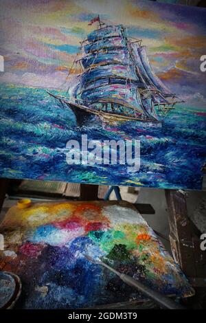 Professioneller Künstler handgemalt Original Meisterwerke Kunstmaler Ölmalerei Segelboot und Barque Brise im Meer, Junk Boot und Glückshandel Stockfoto