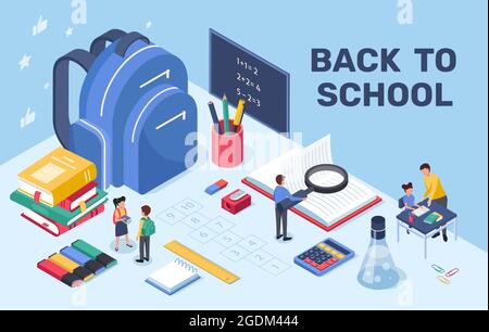 Zurück zur Schule. Bildungs- und Lernkonzept mit Kinderrucksack, Büchern, Tafel, Schreibwaren. Kinder gehen zur Schule isometrischer Vektor. Tisch mit pädagogischen Werkzeugen und kleinen Schülern Stock Vektor