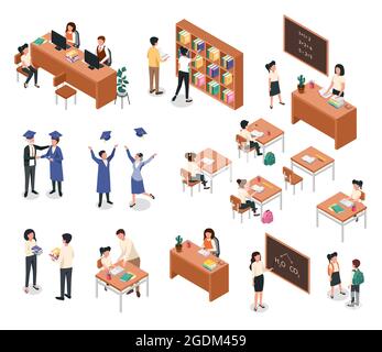 Isometrische Schule. Lehrer, der den Schülern Unterricht gibt. Schüler mit Rucksäcken. Klassenzimmer Möbel und Ausrüstung, Lehrer, Schüler Vektor-Set. Abschlussfeier und Diplom bekommen Stock Vektor
