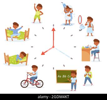 Cartoon kleine Schule Junge Aktivitäten, Kind Alltag. Kinder morgens und abends Aktivität, tägliche Zeitplan für Kinder Vektor-Set. Zähneputzen, Duschen und Lernen in der Schule Stock Vektor