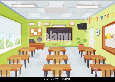 Cartoon leeres Klassenzimmer Interieur mit Schreibtischen und Kreidetafel. Grundschule mit Möbel Lehrer Tisch, Tafel Vektor Illustration. Uhr und Tafeln für Notizen an den Wänden Stock Vektor