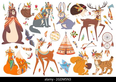 Niedliche Waldstammestiere, Boho-Stamm Waldtiere. Fuchs, Eule, Wolf, Bär, Hirsch Zeichen mit amerikanisch-indischen ethnischen Elemente Vektor-Set. Blumen- und Lederdekoration, Fauna Stock Vektor