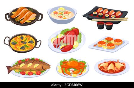 Cartoon-Meeresfrüchte-Gerichte, asiatische Speisen und Küche. Sushi, Hummer, Lachs, Garnelensuppe, gebackener Fisch. Köstliche festliche Meeresfrüchte Teller Vektor-Set. Traditionelles japanisches Essen, Präsentation des Restaurants Stock Vektor