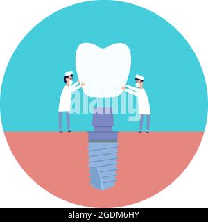 Zwei Zahnärzte führen eine Zahnimplantation durch und installieren das Implantat auf dem Abutment. Vektorgrafik, in einem flachen Stil. Poster zur Klinik, Bild für Zahnarztanweisungen, Schulungsbücher. Stock Vektor