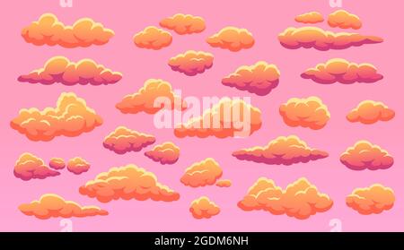 Cartoon Sonnenuntergang Wolke, flauschige orange Wolken am Himmel. Niedliche rosa bewölkten Himmel, Himmel Sonnenuntergang Wolkenlandschaft mit Wolke Formen Vektor-Set. Abendhimmel Wolkenlandschaft mit flauschigen Cumulus auf rosa Stock Vektor