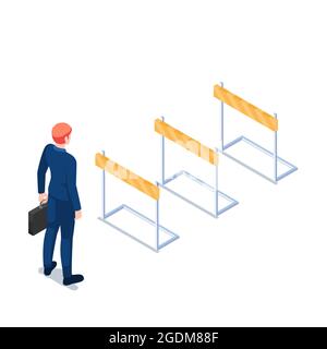 Flacher 3d Isometrischer Geschäftsmann Holding Aktenkoffer, der vor dem Hindernislauf des Hürdenlaufs steht. Business Challenge-Konzept. Stock Vektor