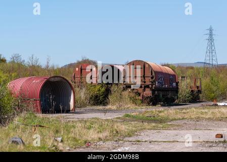 Stillstehende Eisenbahnwaggons, die in einem stillstehenden Abstellgleis rosten Stockfoto