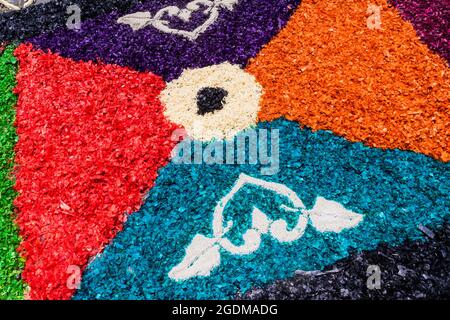 Detail der dekorativen Ostern Teppich in Antigua Guatemala Stadt, Guatemala. Stockfoto
