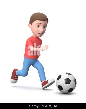 Kleines Kind Spielt Fußball. 3D Cartoon Charakter isoliert auf Weiß Stockfoto