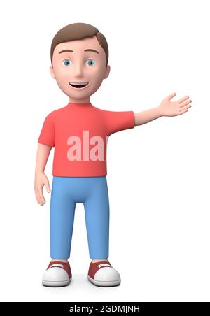 Niedlicher Junger Junge Zeigt Geste. 3D-Zeichentrickfigur. Stockfoto