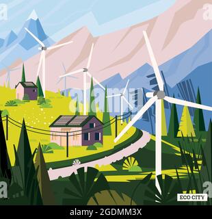 Landschaft mit Straße in den Alpen. Konzept für erneuerbare grüne Energie mit Windturbinen im Dorf und Sonnenkollektoren auf den Dächern. Vektorgrafik. Stock Vektor