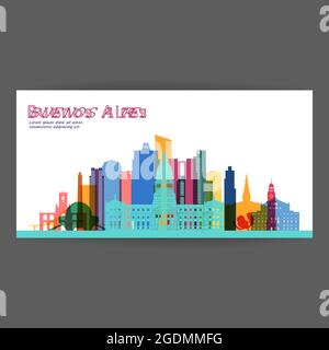 Buenos Aires bunte Architektur Vektor Illustration, Skyline Stadt Silhouette, Wolkenkratzer, flaches Design. Stock Vektor