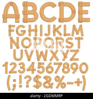 Alphabet, Buchstaben, Zahlen und Zeichen aus Holzbrettern. Isolierte Vektorobjekte auf weißem Hintergrund. Stock Vektor