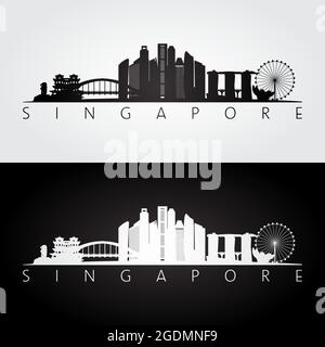 Skyline von Singapur und Wahrzeichen Silhouette, Schwarz-Weiß-Design, Vektor-Illustration. Stock Vektor