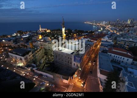 Luftaufnahmen von Jaffa, Israel bei Nacht Stockfoto