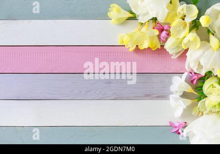 Schöne weiße Tulpen und gelbe Freesias auf gestreiftem Holzhintergrund. Speicherplatz kopieren. Stockfoto