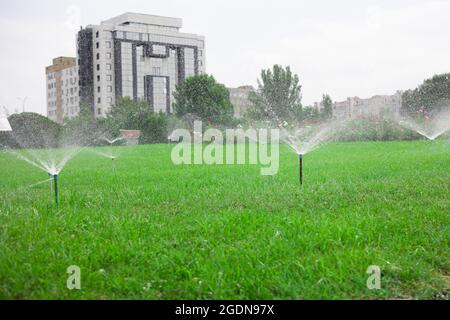 Automatische Sprinkler in Aktion Garten Rasen Bewässerung Gras Stockfoto