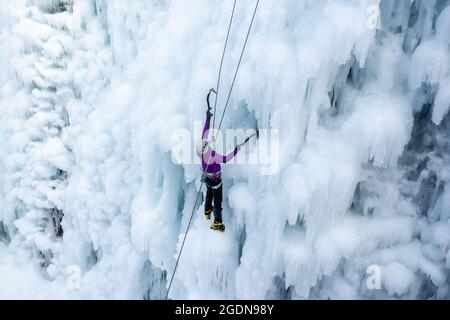 Low-Angle-Aufnahme einer alpinistischen Frau mit Eiskletterausrüstung, Axt und Kletterseilen, Klettern an einem gefrorenen Wasserfall, Blick von unten Stockfoto