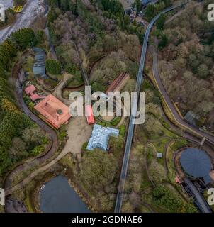 Alton Towers Lufttrommel Blick Auf Wickerman Eingang Runaway Mine Train Nemesis Air Galatica Wasserpark Hotels Stromschnellen Stockfoto