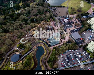 Alton Towers Lufttrommel Ansicht von Wickerman vor und nach der Konstruktion während der Tests Stockfoto