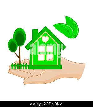 Hand hält ein Haus isoliert auf weißem Hintergrund. Immobilienangebot. Hauskredit, Verkauf oder Versicherungskonzept. Kauf Miete Immobilien. Vektorgrafik Stock Vektor