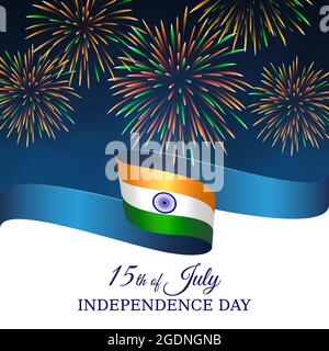 15. August, tag der Unabhängigkeit indiens, Vektorvorlage mit indischer Flagge und farbigem Feuerwerk auf blauem Nachthimmel-Hintergrund. Nationalfeiertag Indien august Stock Vektor