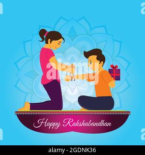 In diesem Plakat Band Schwester Rakhi an das Handgelenk des Bruders, der auf dem Boden sitzt. Bruder verstecken Schwestern Geschenk auf der Rückseite Stock Vektor