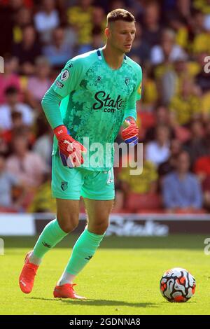 Watford, Großbritannien. August 2021. Daniel Bachmann, der Torhüter von Watford im Einsatz während des Spiels. Premier League Spiel, Watford gegen Aston Villa im Vicarage Road Stadium in Watford am Samstag, 14. August 2021. Dieses Bild darf nur für redaktionelle Zwecke verwendet werden. Nur zur redaktionellen Verwendung, Lizenz für kommerzielle Nutzung erforderlich. Keine Verwendung bei Wetten, Spielen oder Veröffentlichungen in einem Club/einer Liga/einem Spieler. PIC von Steffan Bowen/Andrew Orchard Sports Photography/Alamy Live News Credit: Andrew Orchard Sports Photography/Alamy Live News Stockfoto