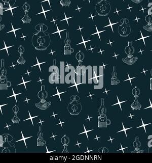 Muster für Stoffe mit Noodle Vintage-Petroleumlampen oder Lampen auf farbigem Hintergrund Stock Vektor