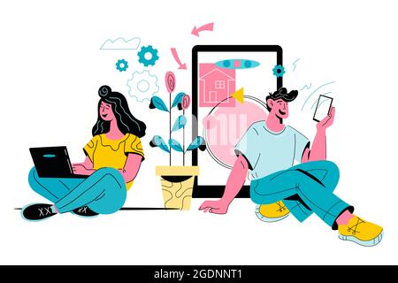 Online-Chat und Social-Network-Konzept mit jungen Menschen mit mobilen Gadgets. Stock Vektor