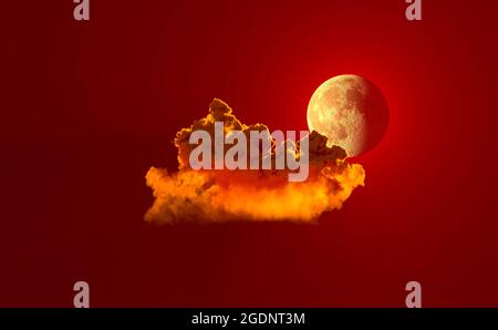 Einsamer roter Cumulus mit Mond - Natur 3D-Illustration Stockfoto