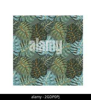 Viele niedliche grüne Palmenblätter mit goldener Umrandung, moderne Mode nahtloses Muster Stock Vektor